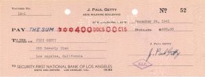 J. Paul Getty Signed Check - 1941-47 dated Autograph Check - The Man behind the Movie All the Money in the World