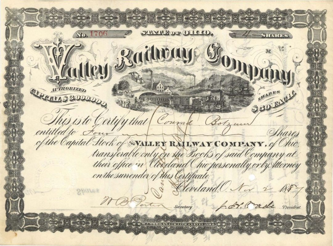 Valley Railway Co. signed by J. H. Wade  - 1883-1889 dated Autographed Stock Certificate