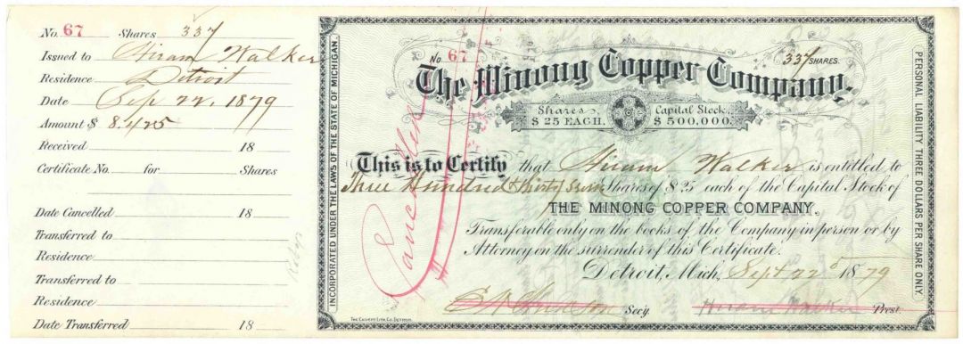 Walker Whiskey Fame - Hiram Walker signed Minong Copper Co - Autograph Stock Certificate