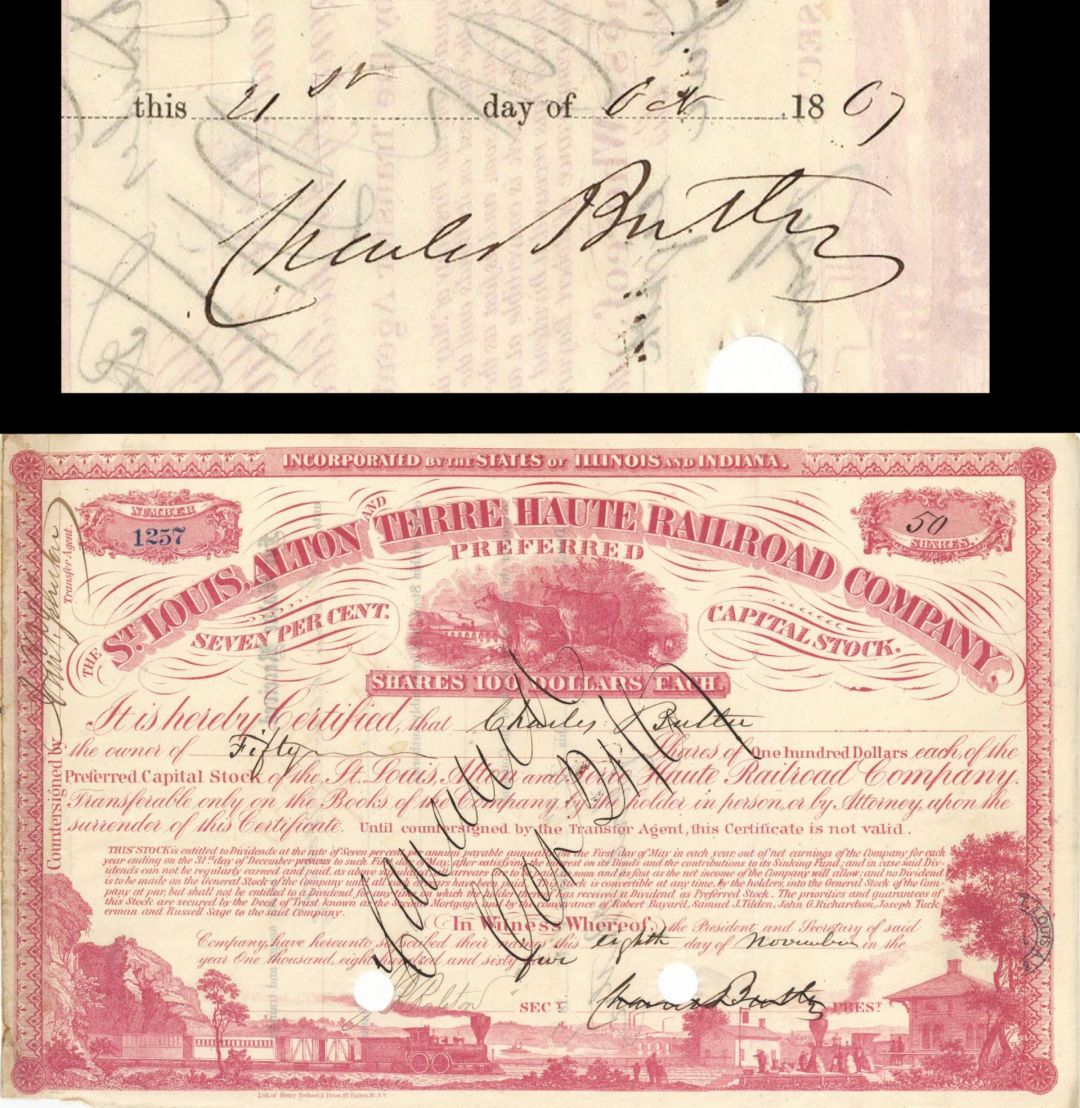 St. Louis, Alton and Terre Haute Railroad issued to and signed by Charles Butler - 1860's dated Stock Certificate