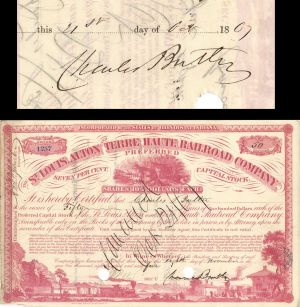 St. Louis, Alton and Terre Haute Railroad issued to and signed by Charles Butler - 1860's dated Stock Certificate