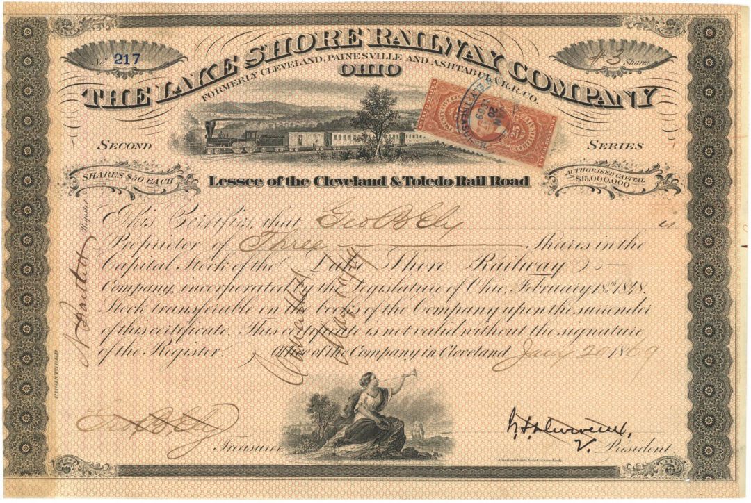 Lake Shore Railway Co. Signed by J. H. Devereux - 1868 or 1869 dated Autographed Railroad Stock Certificate