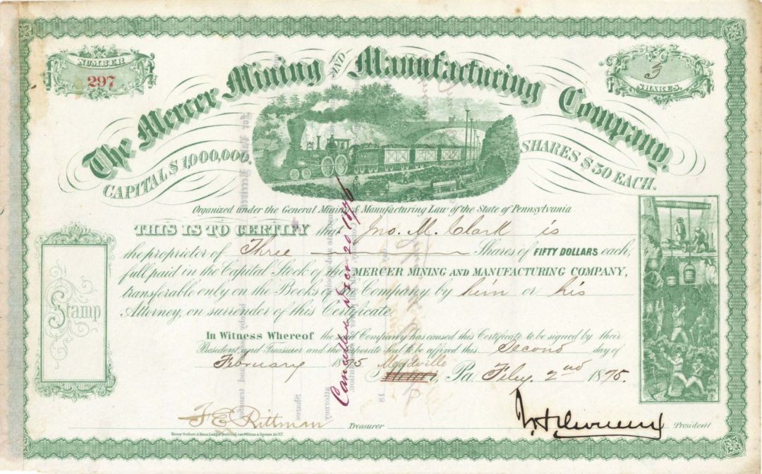 Mercer Mining and Manufacturing Co. Signed by J. H. Devereux - 1875 dated Autographed  Stock Certificate