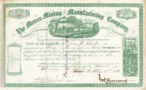 Mercer Mining and Manufacturing Co. Signed by J. H. Devereux - 1875 dated Autographed  Stock Certificate