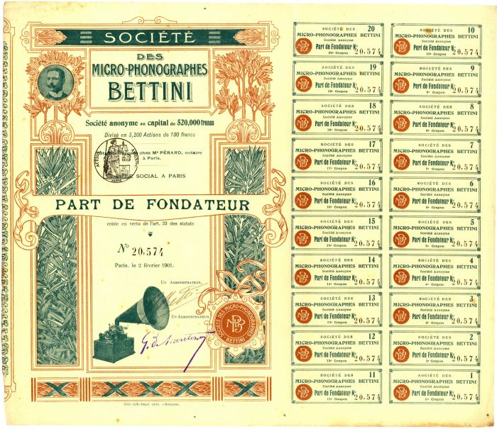 Gianni Bettini signed Societe des Micro-Phonographes - Autograph Stock Certificate