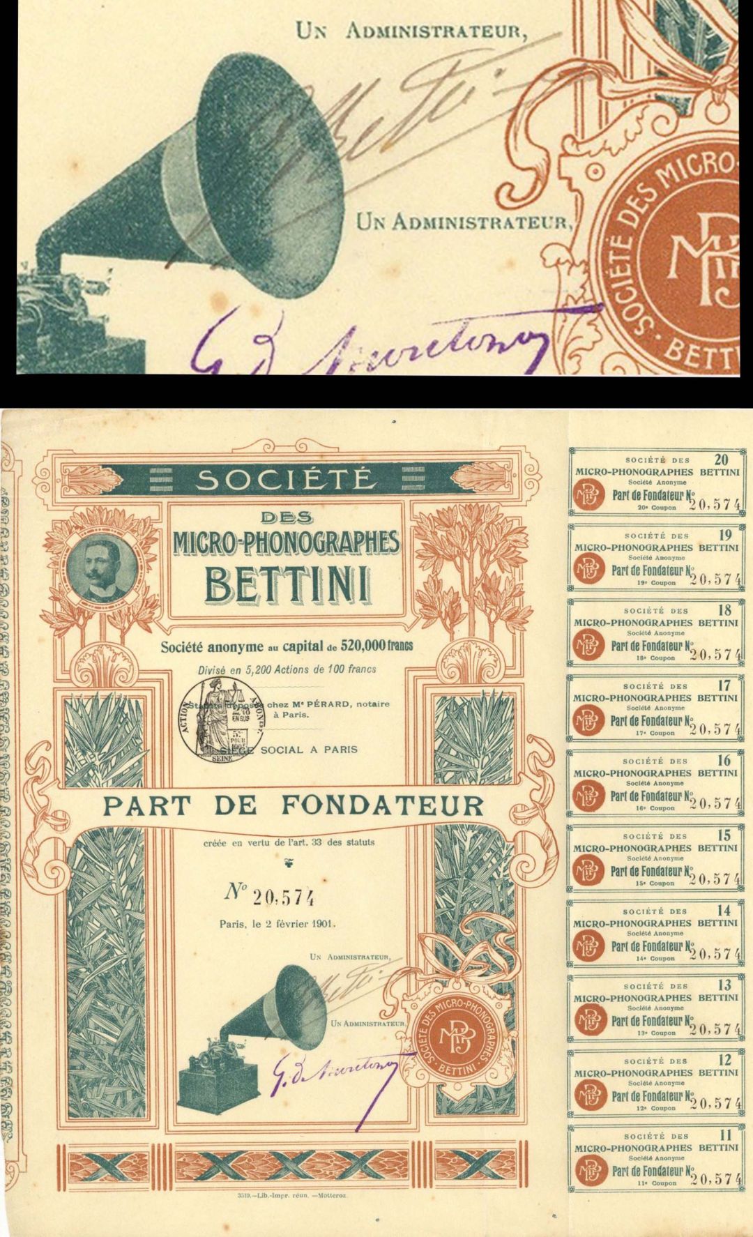 Societe des Micro-Phonographes Signed by Gianni Bettini - 1901 dated Autograph Stock Certificate