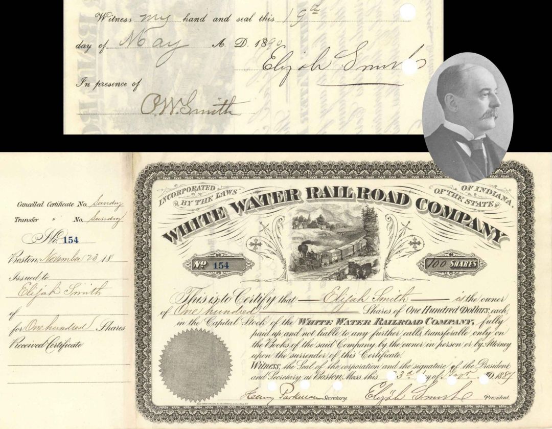 White Water Railroad issued to and signed by Elijah Smith twice - Only 1 Left! - 1887 dated Autographed Stock Certificate
