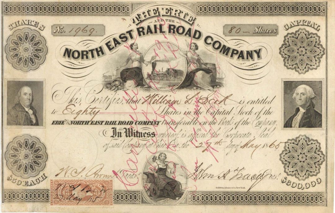 John A. Tracy signed  Erie and the North East Railroad - 1860's dated Autographed Stock Certificate