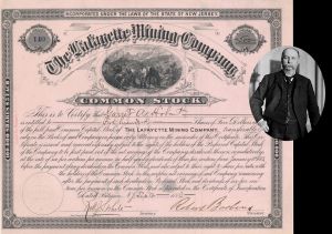 Lafayette Mining Co. Issued to Garret A. Hobart - 1883 dated Stock Certificate