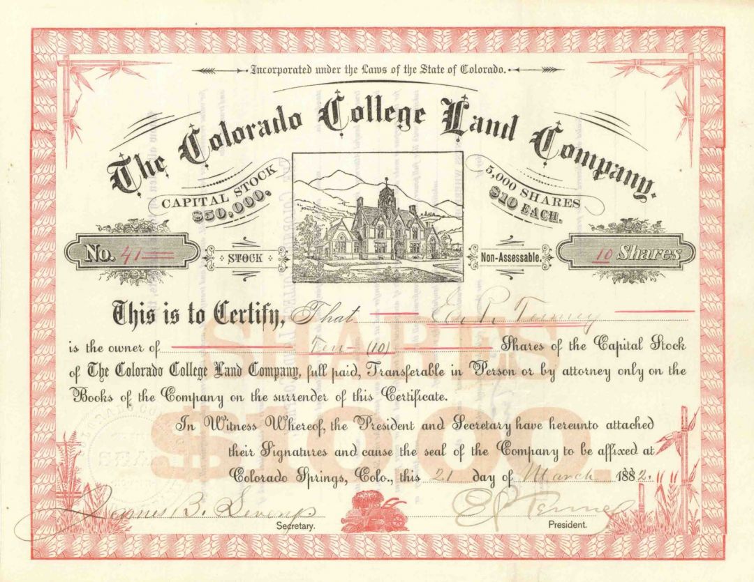 Colorado College Land Co Stock signed by Edward Payson Tenney - Autograph Stock Certificate