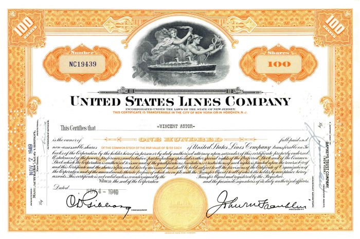 William Vincent Astor issued United States Lines Co - Stock Certificate