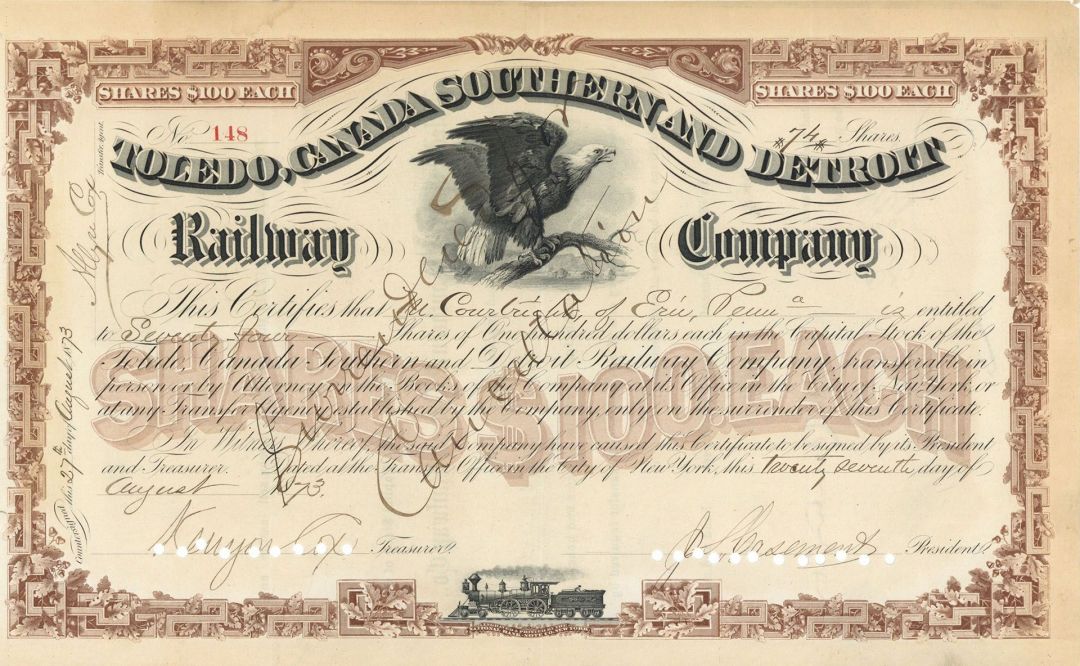 J. S. Casement signed Toledo, Canada Southern and Detroit Railway Co. - Stock Certificate