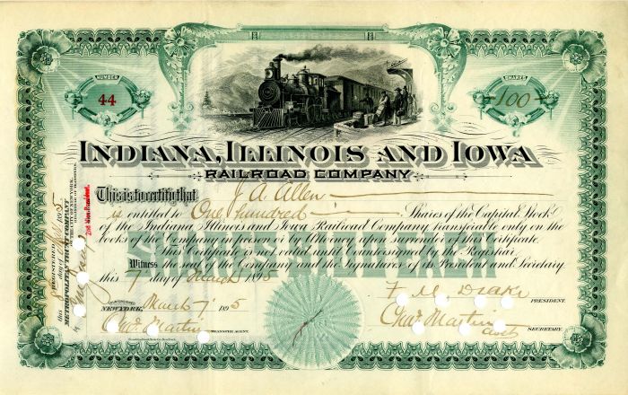 Indiana, Illinois and Iowa Railroad Company signed by F. M. Drake - Stock Certificate