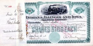 Indiana, Illinois and Iowa Railroad Co. signed by Francis Marion Drake - Autograph Railway Stock Certificate