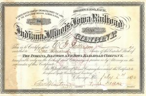 Indiana, Illinois & Iowa Railroad Co signed by Francis Marion Drake - Autograph Railway Stock Certificate