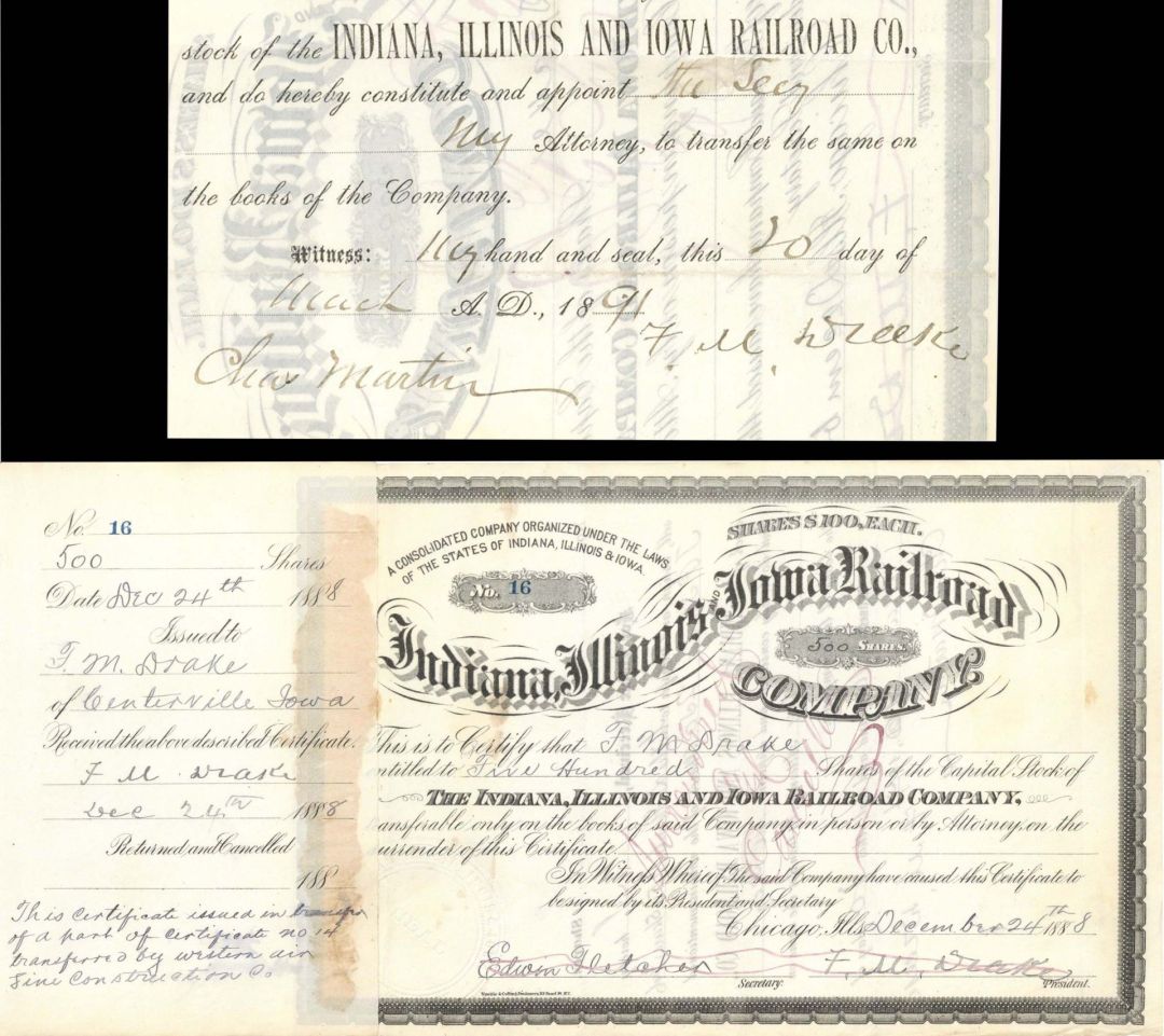 Indiana, Illinois & Iowa Railroad Co issued to and signed by F. M. Drake 3 times - 1888 or 1890 dated Autograph Railway Stock Certificate