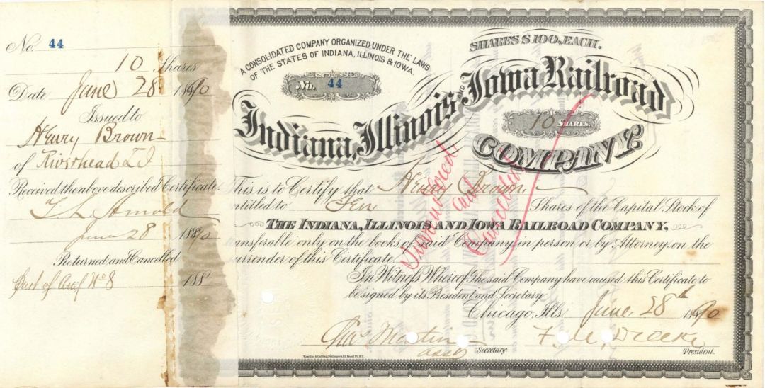Indiana, Illinois & Iowa Railroad Co Signed by F. M. Drake - 1890 dated Autograph Railway Stock Certificate