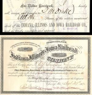 Indiana, Illinois & Iowa Railroad Co Signed by F. M. Drake - 1890 dated Autograph Railway Stock Certificate