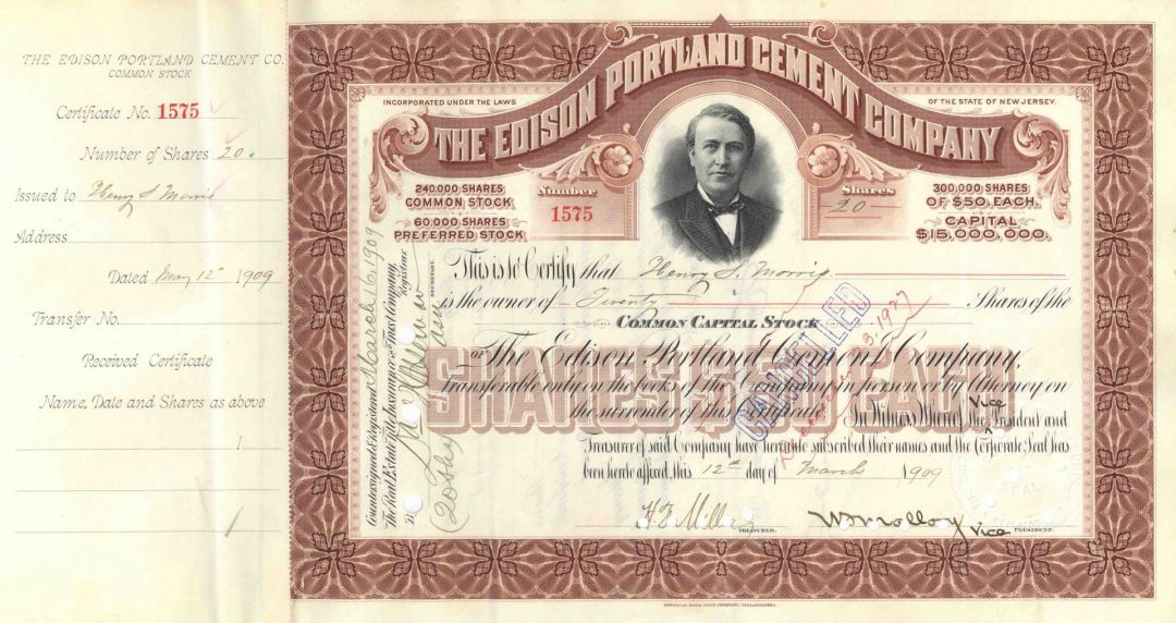 Harry F. Miller signed Edison Portland Cement Co Stock Certificate - Transferred to Thomas A. Edison Inc. at Back