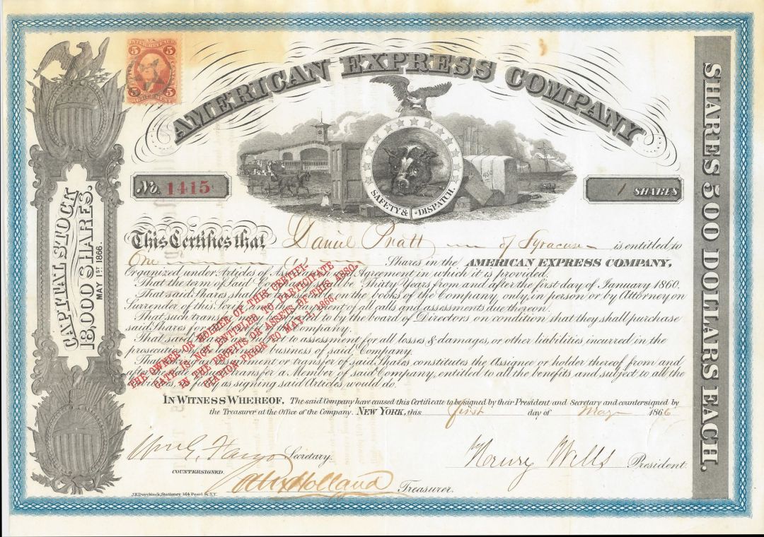 American Express Co. signed by Henry Wells and J. C. Fargo - Stock Certificate