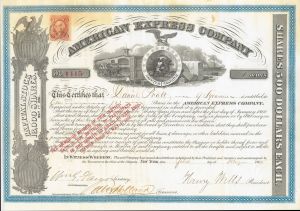 American Express Co. signed by Henry Wells and James C. Fargo - 1860's dated Express Autograph Stock Certificate