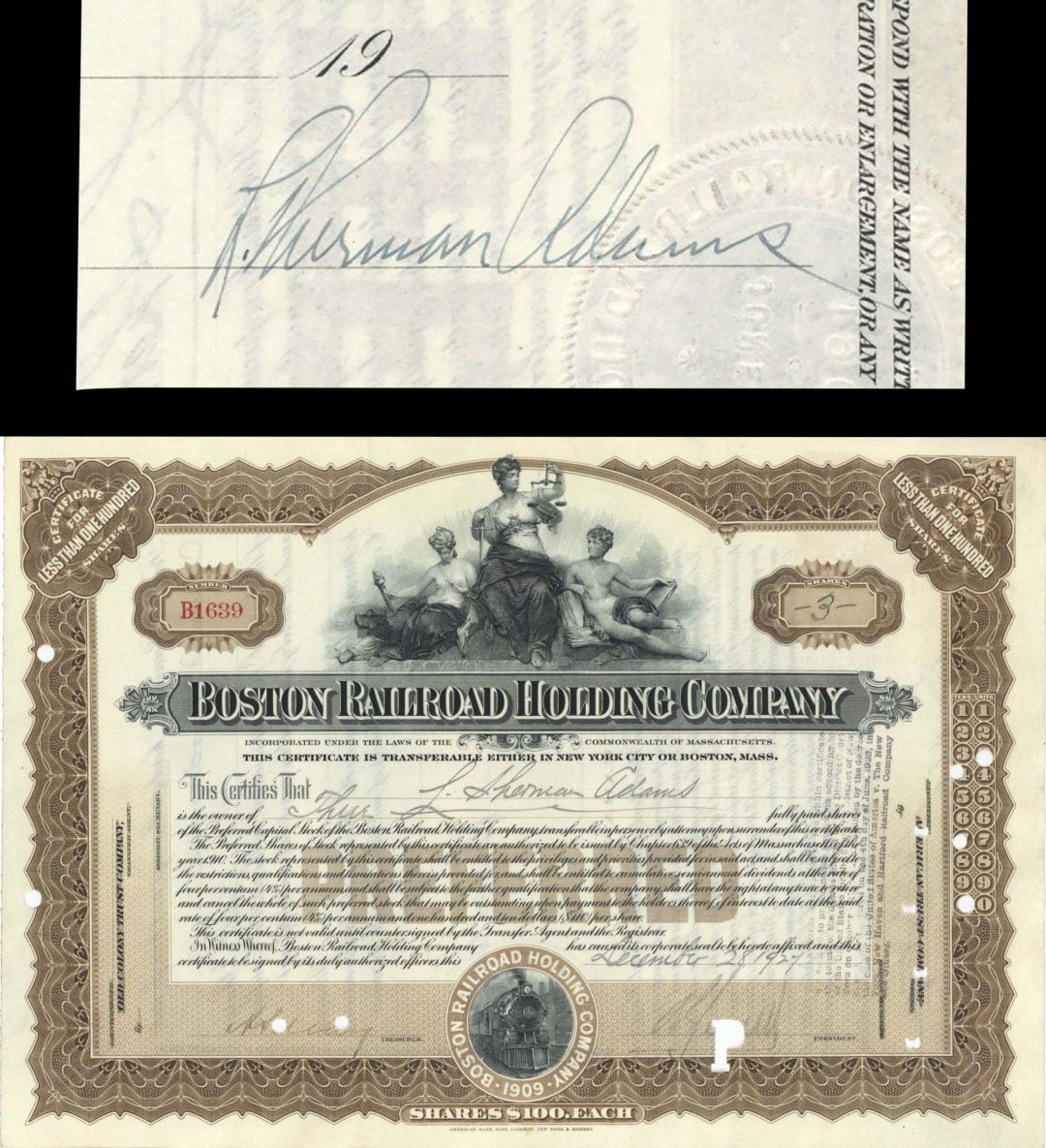 Boston Railroad Holding Co Stock issued to and signed by L. Sherman Adams - Autographed Stocks and Bonds