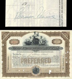 Boston Railroad Holding Co Stock issued to and signed by L. Sherman Adams - Autographed Stocks and Bonds