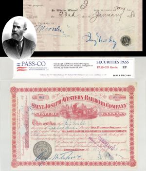 Saint Joseph and Western Railroad Co. PASS-CO authenticated and signed by Jay Gould - 1879 dated Autographed Stock Certificate