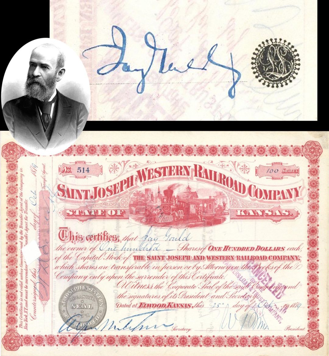 Saint Joseph and Western Railroad Co. Signed by Jay Gould - 1879 dated Autographed Stock Certificate