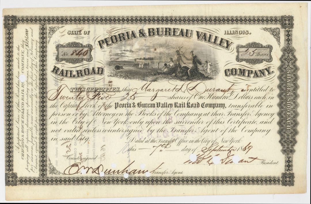 Peoria and Bureau Valley Railroad Co. signed by Thomas C. Durant and issued to relative - 1869 dated Autograph Railway Stock Certificate
