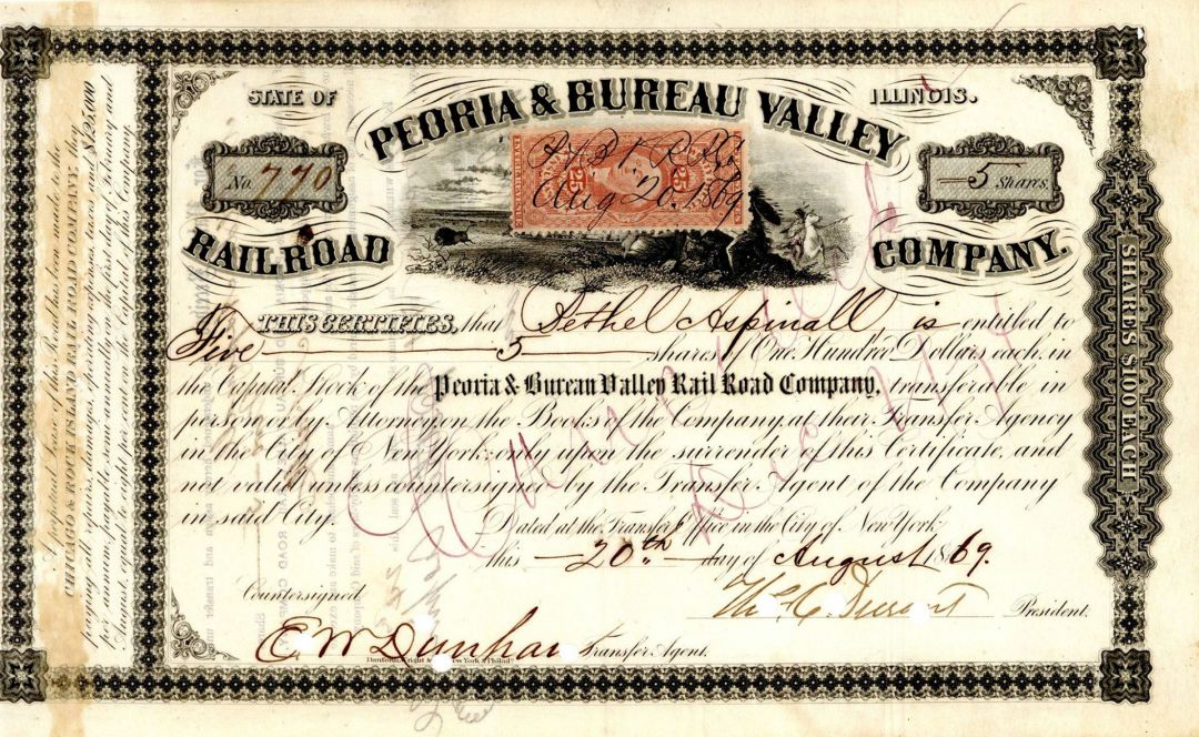 Thomas C. Durant signed Peoria and Bureau Valley Railroad Co. - Autograph Railway Stock Certificate