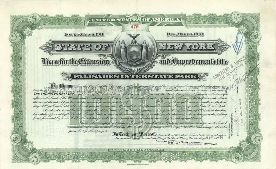 State of New York Palisades Interstate Park issued to Marshall Field III as Trustees - $10,000 1939 dated Bond