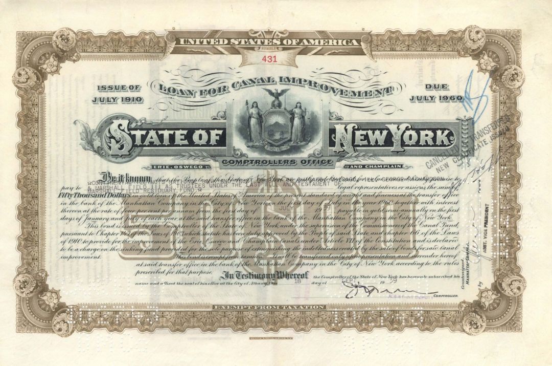 State of New York Loan for Canal Improvement issued to Marshall Field III as Trustees - $50000, $10000 or $5000 1939 dated Bond