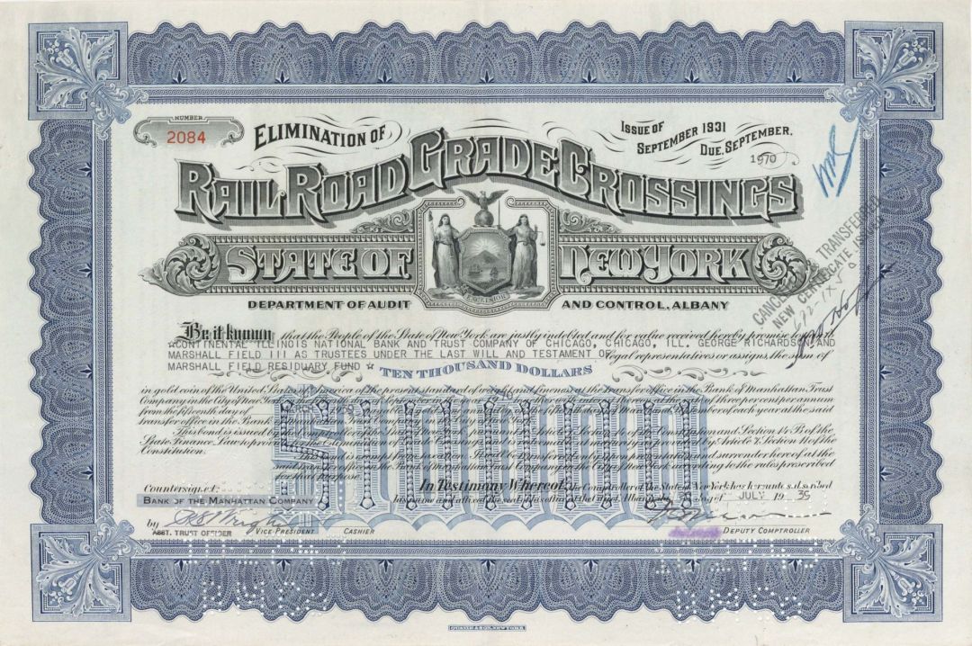 Elimination of Railroad Grade Crossings issued to Estate of Marshall Field - $5,000 or $10,000 1939 dated Bond