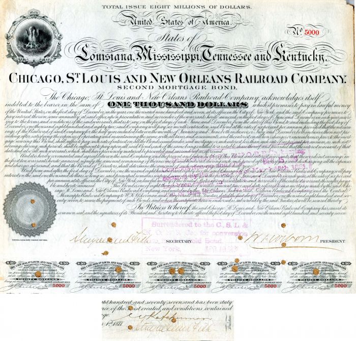 Chicago, St. Louis and New Orleans Railroad Company signed by Stuyvesant Fish - $1,000 - Bond