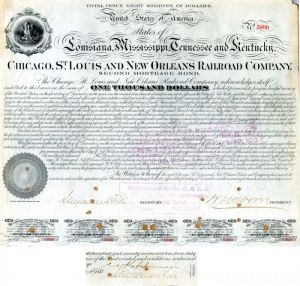 Stuyvesant Fish signed Twice Chicago, St. Louis and New Orleans Railroad - 1877 dated Autograph Railway Bond