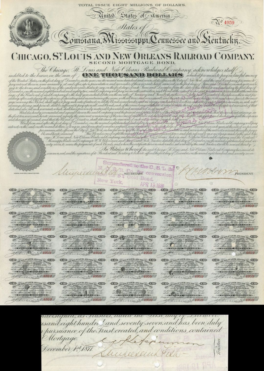 Chicago, St. Louis and New Orleans Railroad Signed twice by Stuyvesant Fish  - 1877 dated $1,000 Autograph Railway Bond