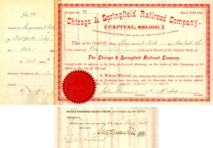 Chicago and Springfield Railroad Co. signed by Stuyvesant Fish - 1883 dated Autograph Stock Certificate