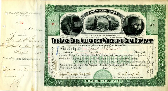 Lake Erie, Alliance and Wheeling Coal Co. signed by James R. Garfield and H.A. Garfield - Stock Certificate