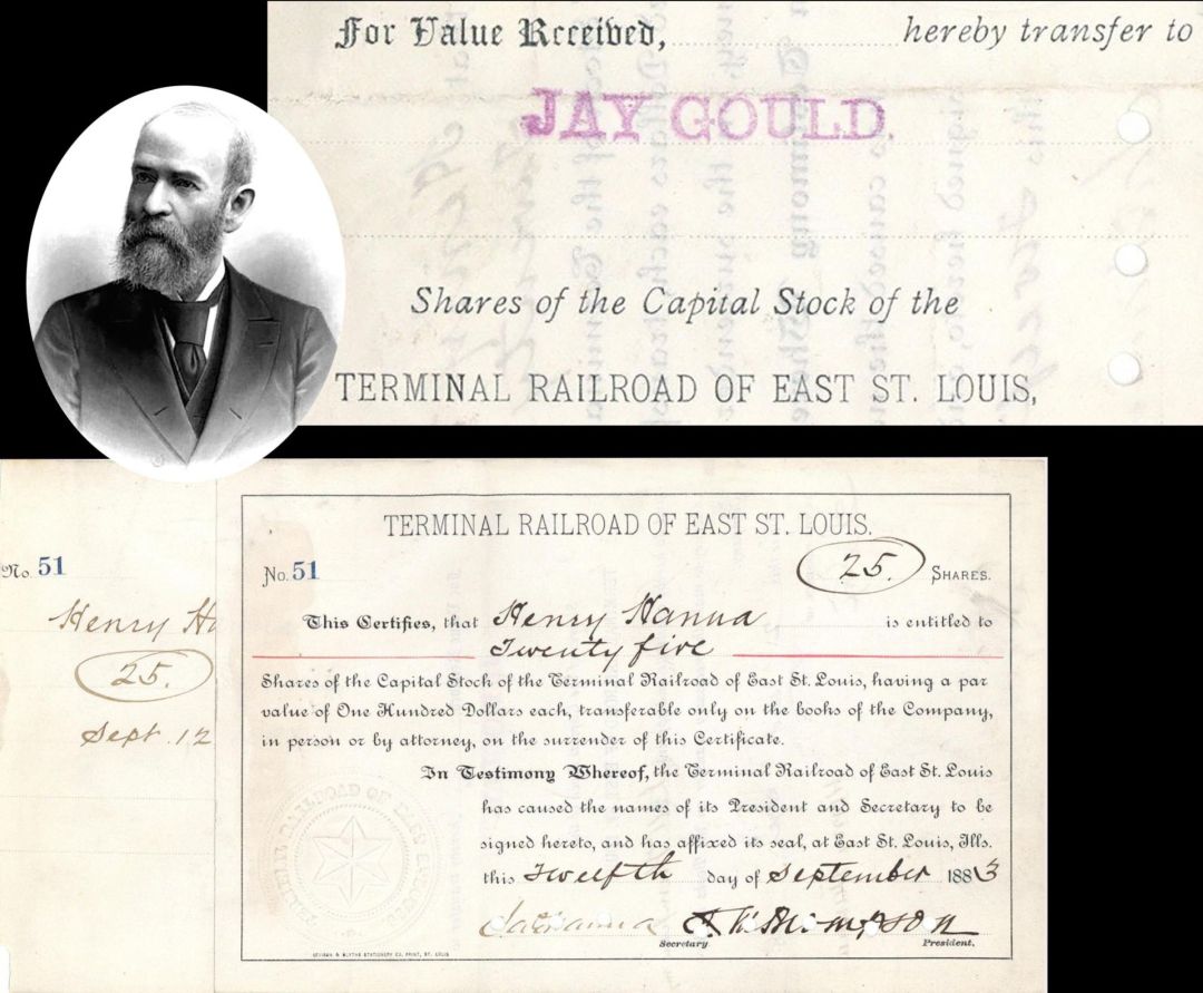 Terminal Railroad of East St. Louis - Transferred to Jay Gould - 1883-1888 dated Stock Certificate