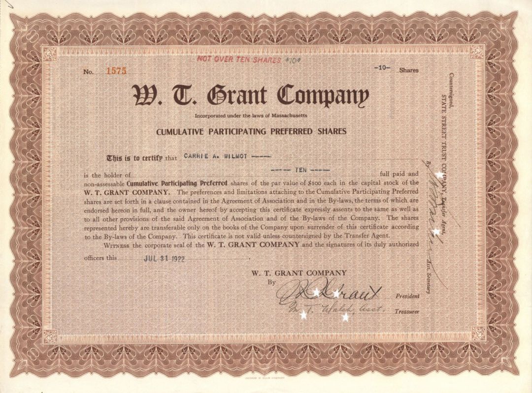 W. T. Grant Co. signed by W.T. Grant - 1922 dated Autographed Stock Certificate