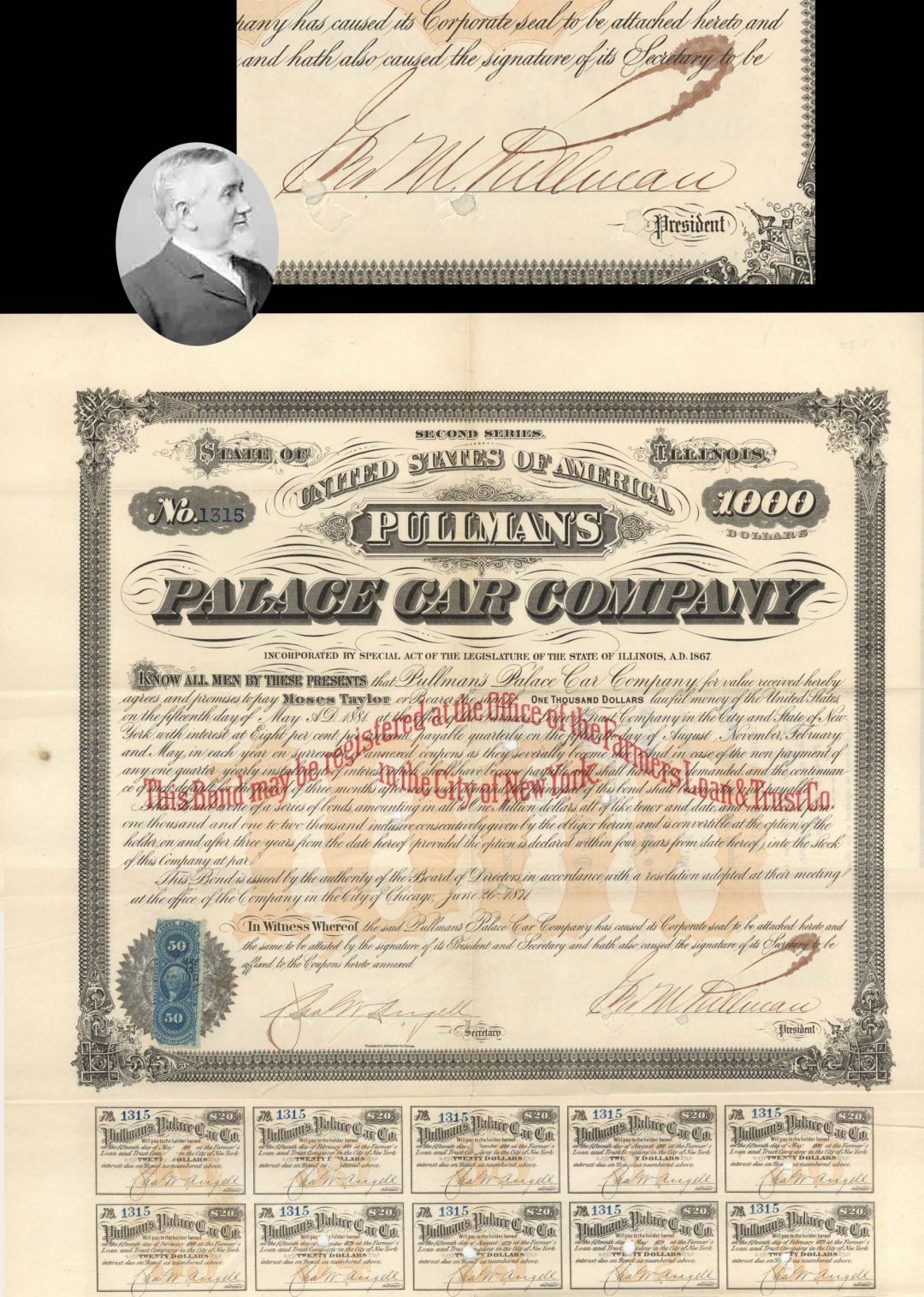 Pullman's Palace Car Co. signed by George M. Pullman - 1871 dated $1,000 Bond