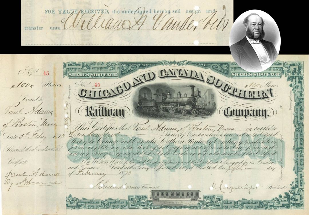 Chicago and Canada Southern Railway Co. transferred to William H. Vanderbilt  - 1873 or 1874 dated Stock Certificate
