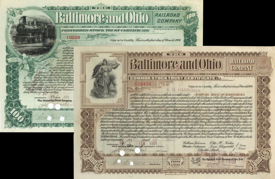 Baltimore and Ohio Railroad issued to and signed by Edward H. Harriman - Stock Certificate