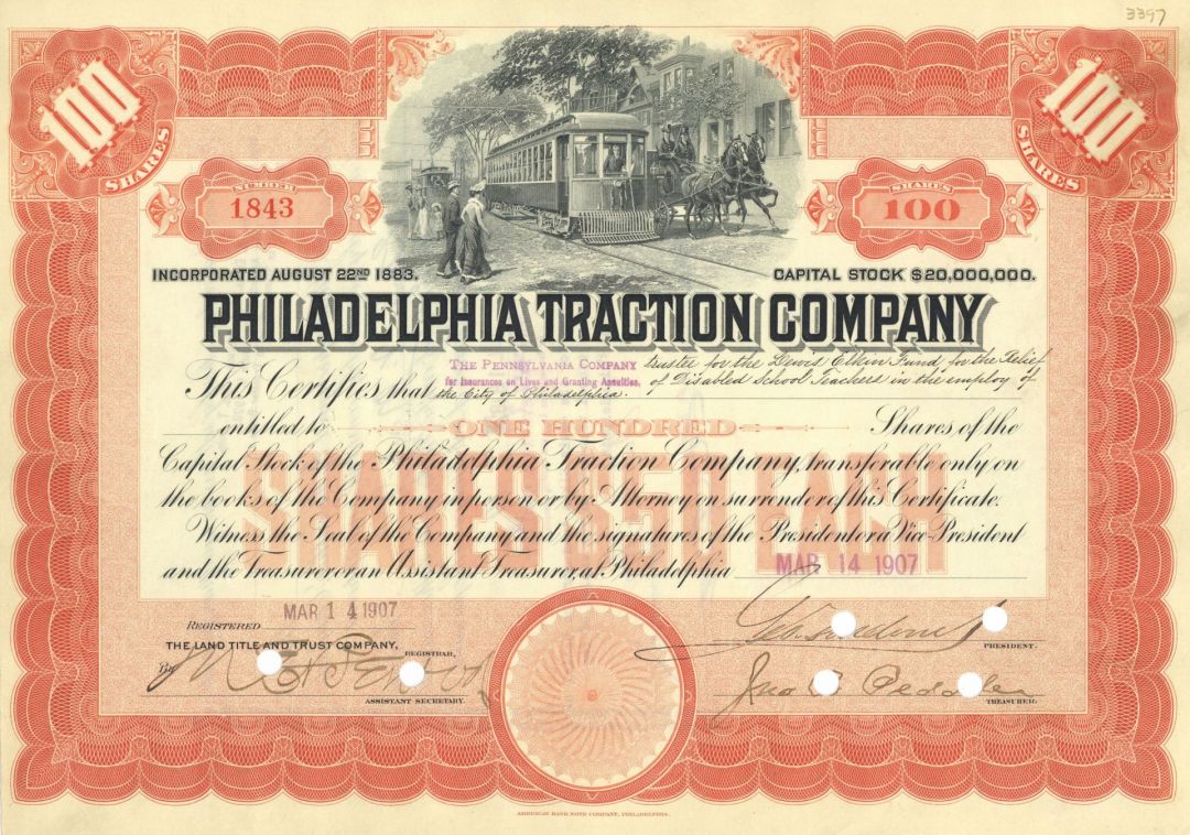 George Dunton Widener - Died on the Titanic - 1900's dated Philadelphia Traction Co. signed by George D. Widener - 1905 or 1906 Autograph Stock Certificate