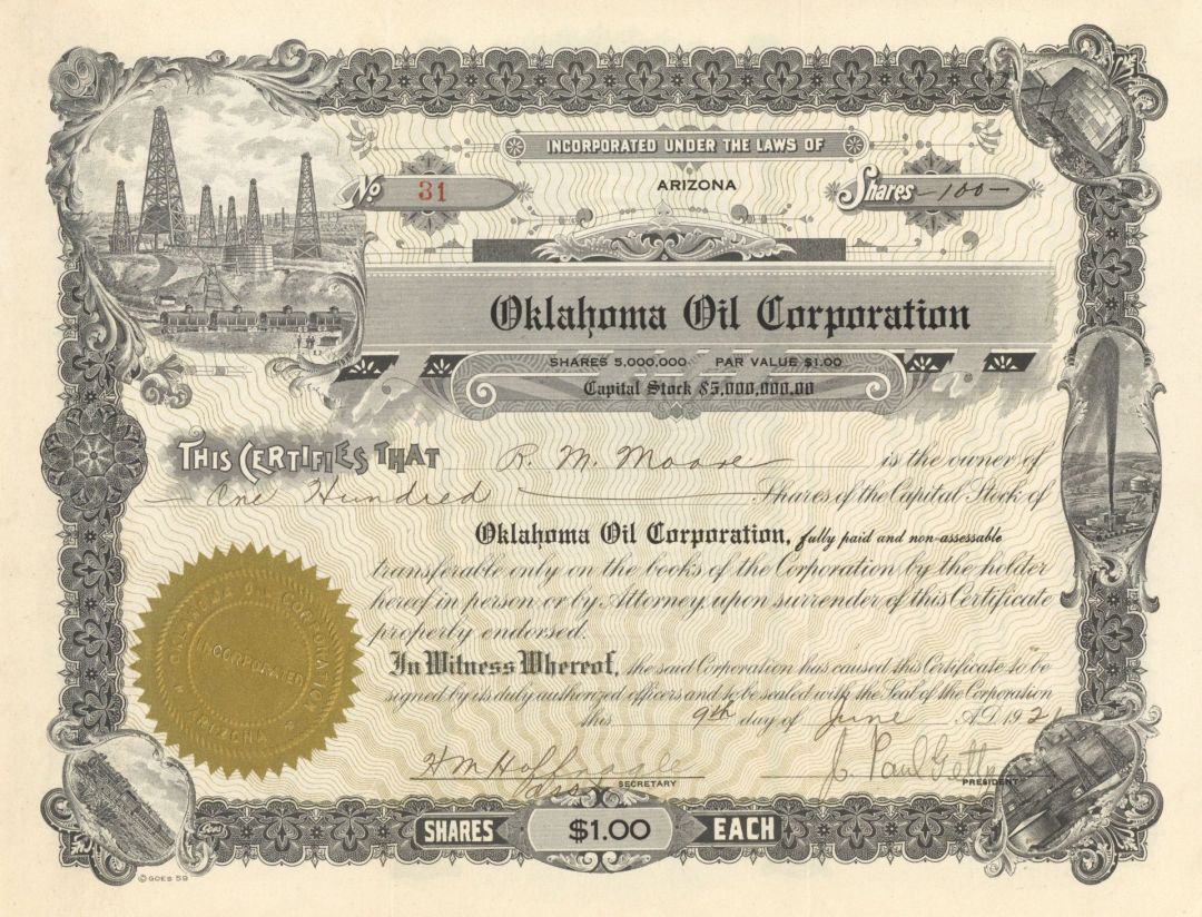 J. Paul Getty - Oklahoma Oil Corporation 1930's dated Stock Certificate - The Man behind the Movie All the Money in the World - Autograph Stock Certificate