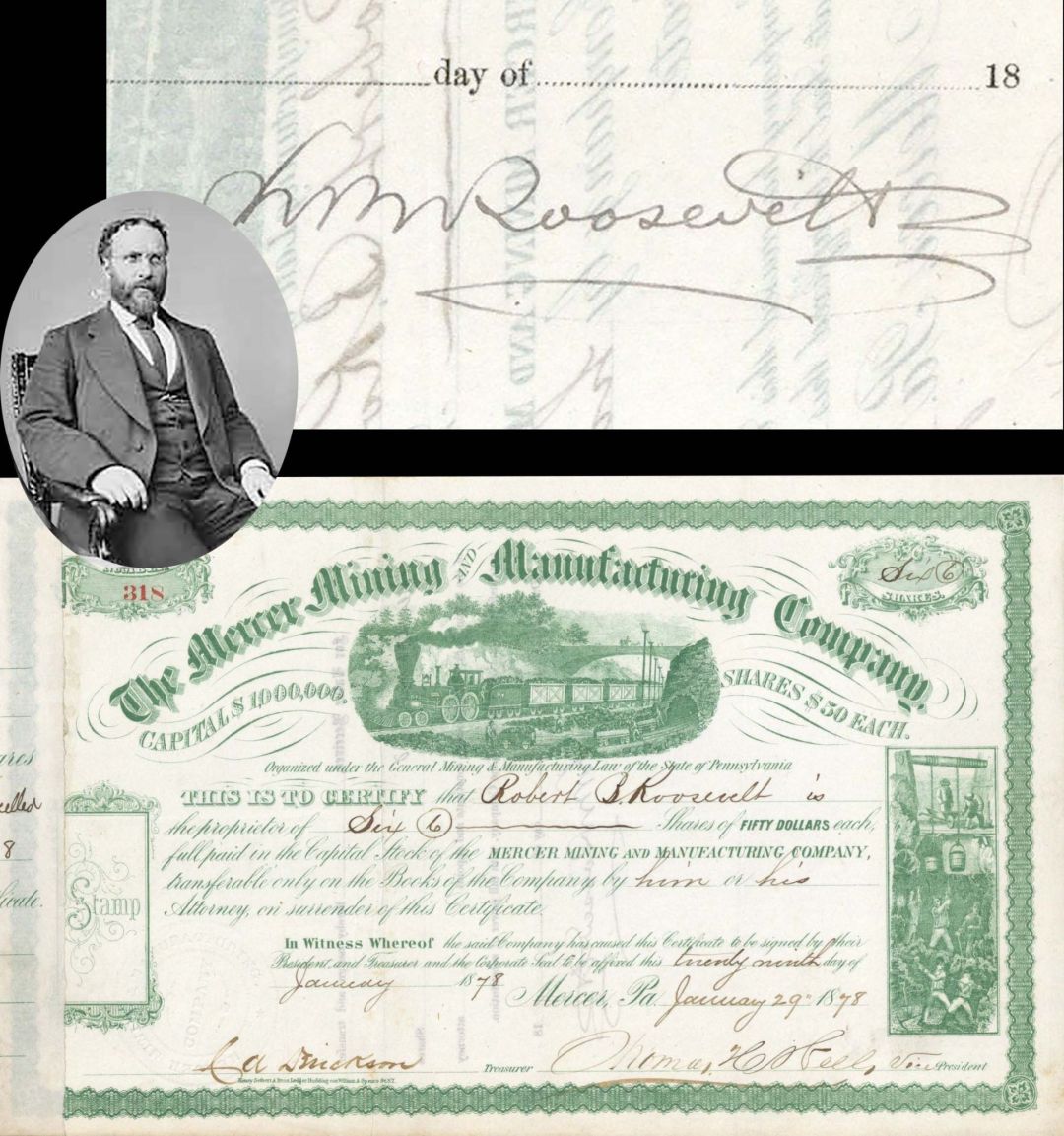 Mercer Mining and Manufacturing Co. issued to and signed by Robert B. Roosevelt - 1875 or 1878 dated Autographed Stock Certificate
