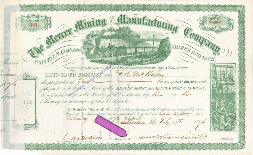 Mercer Mining and Manufacturing Co. signed by Robert B. Roosevelt - 1876 dated Autographed Stock Certificate