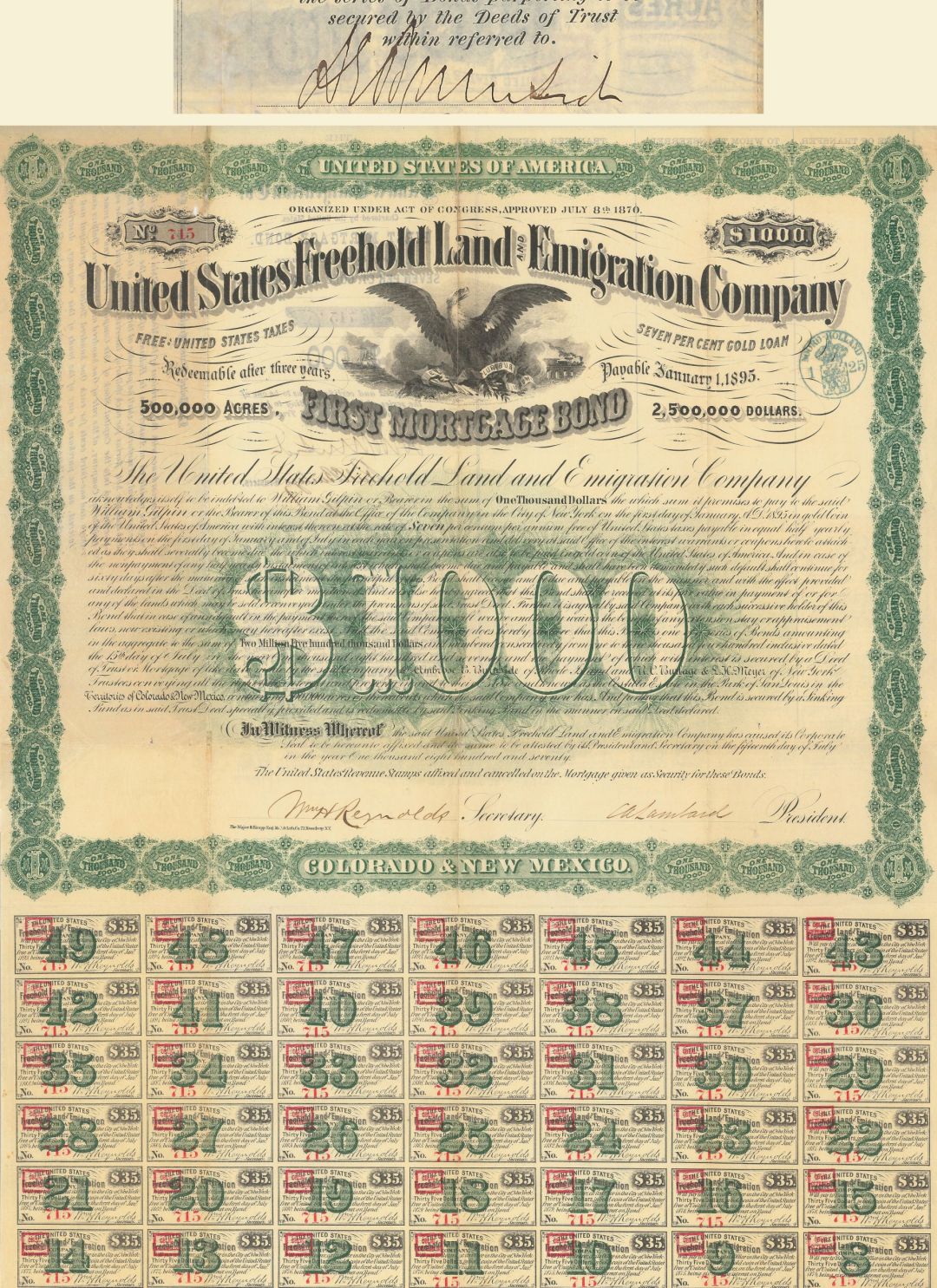 United States Freehold Land and Emigration Co. - 1870 dated $1,000 Bond signed by General Ambrose E. Burnside