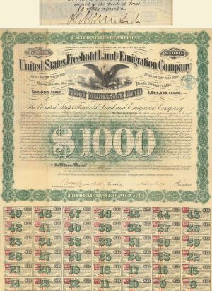 United States Freehold Land and Emigration Co. - 1870 dated $1,000 Bond signed by General Ambrose E. Burnside